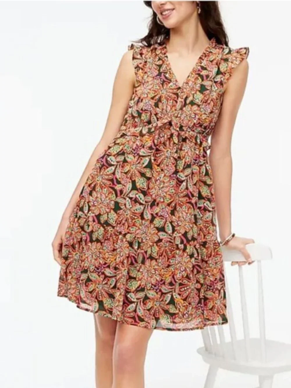 J. Crew Floral Print Tiered Ruffle V-neck Mini Dress in Women's 14